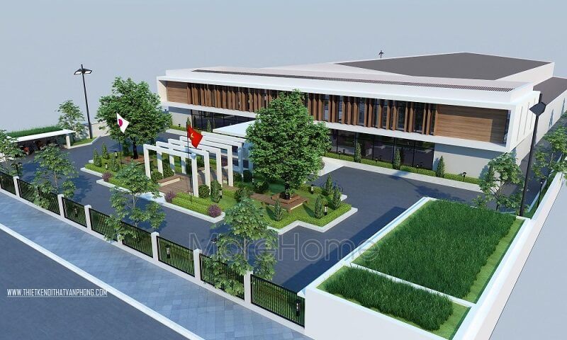 Mẫu thiết kế kiến trúc nội thất văn phòng công ty Bình Minh đẹp, ấn tượng kết hợp ngoại thất không gian xanh