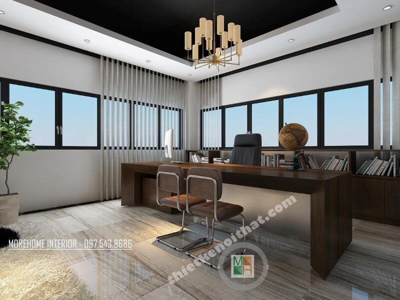 Mẫu thiết kế văn phòng giám đốc sang trọng sử dụng đồ nội thất gỗ tự nhiêncao cấp với tông màu nâu trầm chủ đạo