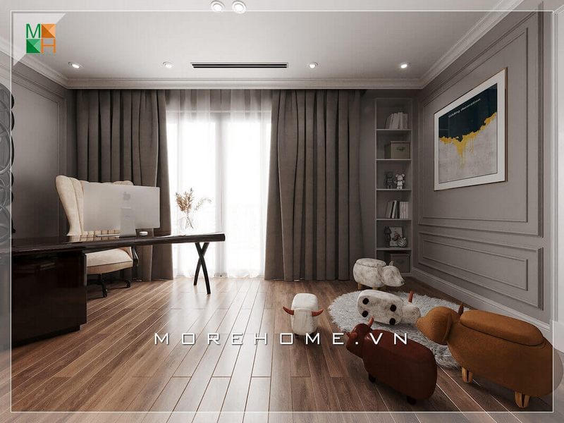 Mẫu thiết kế phòng làm việc chung cư, biệt thự, nhà phố đẹp, bố trí ngăn nắp, có ban công bằng kính rộng tràn đầy ánh sáng.