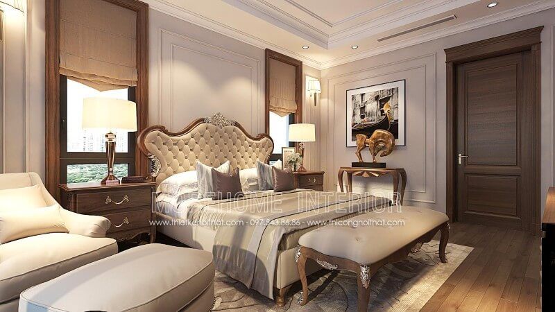 Trang trí phòng ngủ chung cư cao cấp với giường ngủ tân cổ điển sang trọng