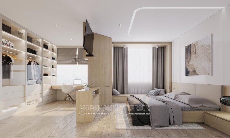 Thiết kế nội thất phòng ngủ chung cư với tone màu nâu gỗ ấm áp trang nhã