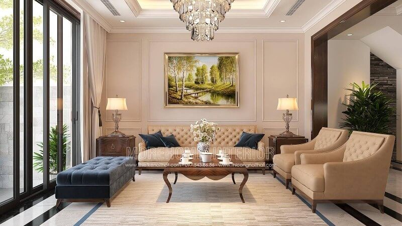 Mẫu sofa gỗ óc chó bọc nỉ tân cổ điển cao cấp cho nhà phốchung cư mang lại không gian nội thất phòng khách sang trọng