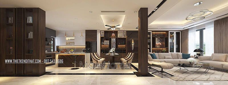 Thiết kế nội thất phòng khách hiện đại với mẫu sofa bọc vải là điểm nhấn của căn phòng