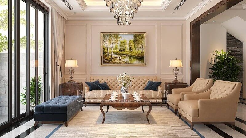 Thiết kế phòng khách đẹp với mẫu sofa tân cổ điển khung gỗ tự nhiên bọc da màu kẹm đậm cao cấp là điểm nhấn của căn phòng