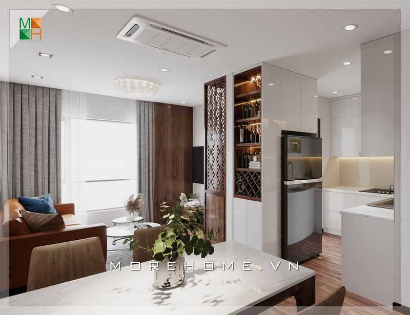 Thiết kế nội thất không gian nhà phố, chung cư đơn giản phong cách hiện đại. Phòng khách liền phòng ăn và phòng bếp, có tính liên kết hài hòa và tiện lợi phù hợp với không gian nhà có diện tích hạn chế.